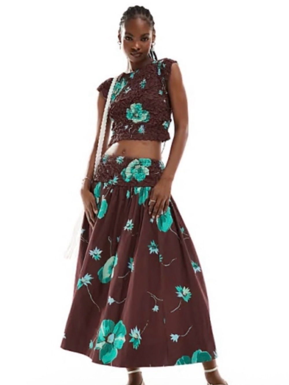 Free People Brown Skirt Set with Teal Floral Print